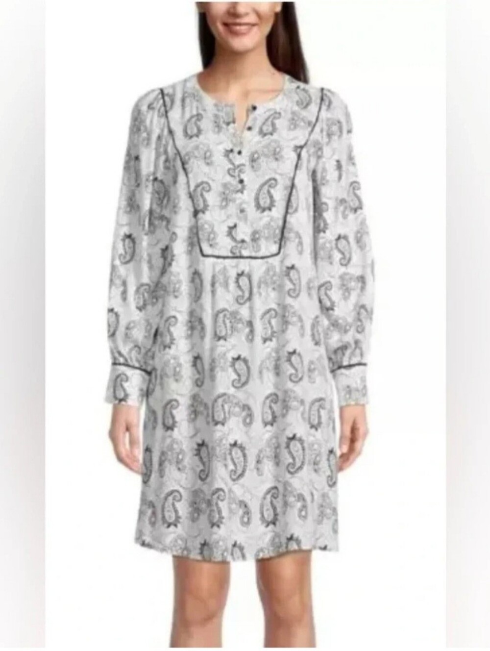 LOFT Black & White Paisley Long-Sleeve Tunic Dress Large Prairie Office Business
